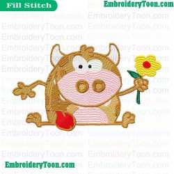 Cow Holding Flower Embroidery Design